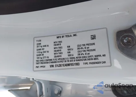 2021 Tesla Model 3 Standard Range Plus Rear-Wheel Drive из США, поврежденный, VIN 5YJ3E1EA8MF851993